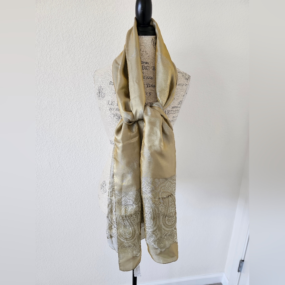 Vintage Liz Claiborne Gold Paisley Evening Wrap Shawl - Metallic Jacquard Scarf